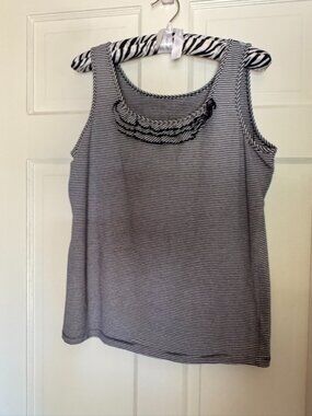 Talbots Black White Striped Sleeveless Knit Shirt With Ruffle